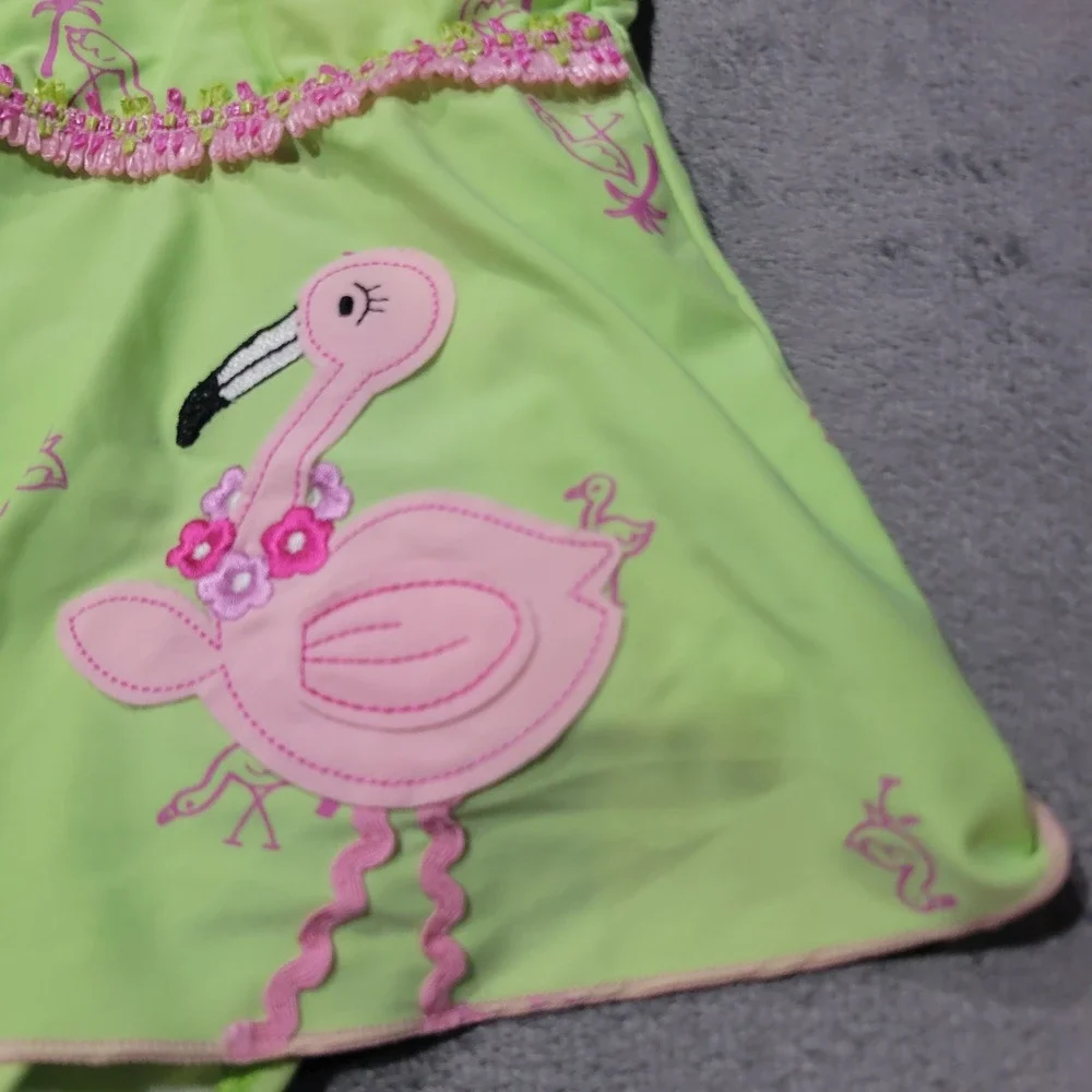 Baby Buns Swim Dress Girls Lime Green‎ Flamingo Print Ruffle Trim Tropical